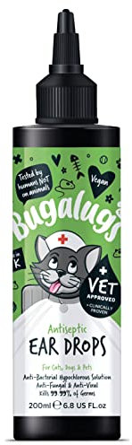 BUGALUGS Antiseptic Ear Drops 200ml – Ear Disinfection, Kills bacteria, Stops Odours, Scratching & Discomfort, Anti-fungal (Yeast), Veterinary-grade, for Dogs, Cats & all other animals