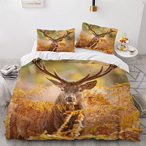 VASENA Bettwäsche Rotwild Herbstwald Bettwäsche 135x200 Kinder Hirsch Bettbezug Set Weich Microfaser Kinderbettwäsche 3 Teilig Mit ReißVerschluss Mit 2 Kissenbezug 80x80 cm
