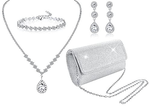 JeryWe 4Pcs Silberne Clutch Schmuck-Set für Frauen Abend Rhinestone Geldbörse Zubehör für Frauen Braut Hochzeitsschmuck