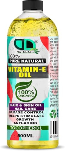 DD Teck Pure Natural Vitamin E Oil, Moisturising and Nourishing Oil For Skin, Scars, Hair & Face, Scalp, Nails, Moisturising & Hydrating Carrier Oils, Vegan, Cruelty, Hexane Free (500ml)