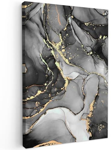 MuchoWow© Impressions sur Toile 80x120 cm Deco Tableau Murale Decoration Salon Peinture Tableaux Chambre Toiles Maison Marbre - Noir - Or - Gris