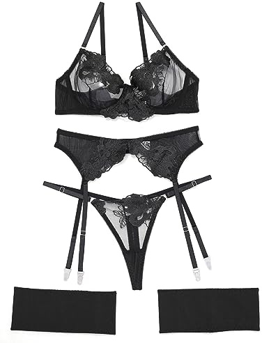 Aranmei Lingerie Set for Women 4 Piece Lingerie Set with Floral Embroidered Lace Sheer Underwire Bra with G-String Thigh Bands with Garter Belt Lingerie Set