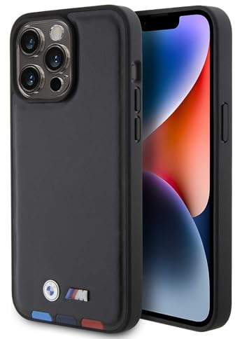 BMW BMHCP15S22PTDK Hülle für iPhone 15 6.1 Schwarz Leather Stamp Tricolor