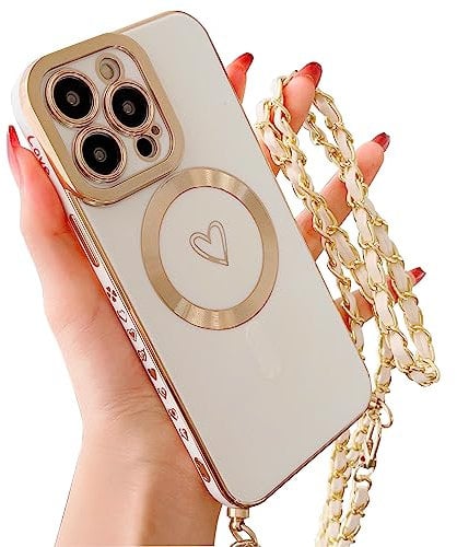 ECZOIL Crossbody Case for iPhone 13 Pro Max Case with Chain,Compatible with MagSafe,Full Camera Lens Protection Cute Heart Slim Soft TPU Case for iPhone 13 Pro Max for Girls Women-White
