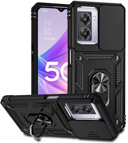 JIEZUIMEI Hülle für Oppo A57 4G/5G/A57S/A77/A77S Handyhülle mit Slide Camera, 360 Grad Metal Ring Halter Standard [360° Ring Magnetische Autohalterung] Stoßfest Schutzhülle Schwarz