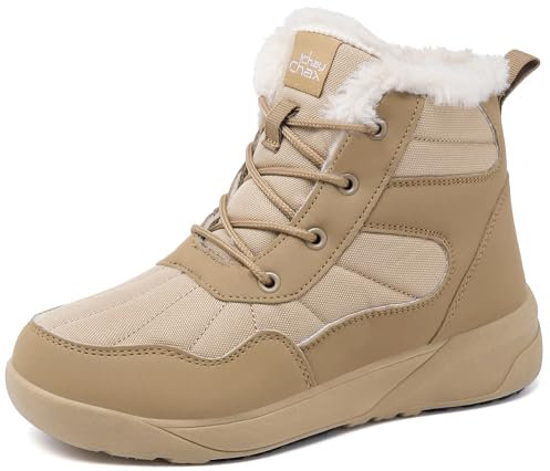 ChayChax Botas Invierno Mujer Botines de Nieve Forro Cálido Cómoda Botines con Cordones Impermeables Aire Libre,Caqui,40 EU