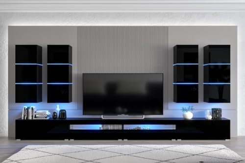Com4t-Style AN51-18 Black High Gloss TV Unit with LED, 364 x 200 x 35 cm, Media Wall Unit, Living Room Set TV, Hanging Wall-Mounted Modern TV Unit with Storage