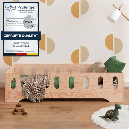 smartwood Kinderbett Bodenbett 90x180 mit Rausfallschutz & Lattenrost - Holz - Kinder Montessori Bett TILA 2L mit glatten Kanten - Betten für schnelle Montage - Bis 230 kg belastbar