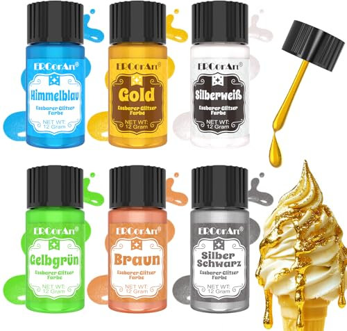 Flüssig Essbarer Glitzer – 6 Farben Essbarer Für Getränke, Glitzer Lebensmittelfarbe Flüssig für Kuchen, Cupcakes, Kekse, Backen, Fondant, Torten und Macarons – 12 g/Flasche