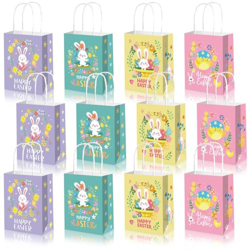 „Aviski“ 12 Stück „Fröhliche Ostern“-Leckereibeutel mit Griffen, große Goodie-Geschenktüten aus recyceltem Karton für Kinder, Schule, Klassenzimmer, Partyzubehör, Dekoration, Hasen- und Eier-Osterkör