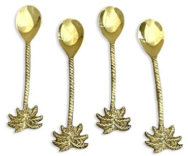 India Handicrafts 75097 Kaffee-/Dessertlöffel, tropische Palme, goldfarben, 14 cm, Edelstahl, 4 Stück