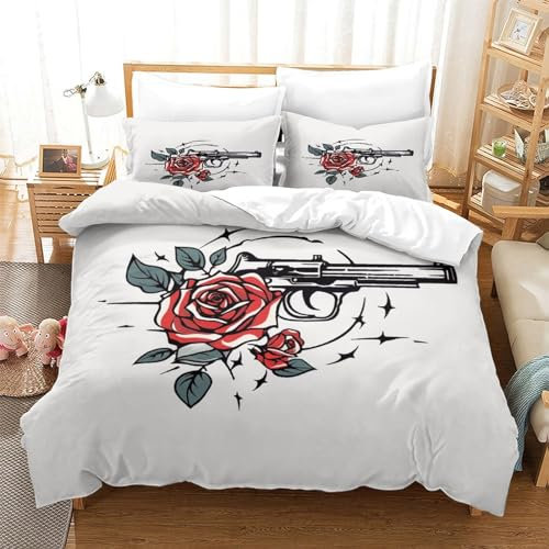 Guns And Roses Comforter Covers for Teens And Adults 3D Print Modern Art Duvet Cover Quilt Cover Bedding Set Soft Microfiber with Zipper Closure with Pillow Cases 3 Pieces Super King(260x220cm)
