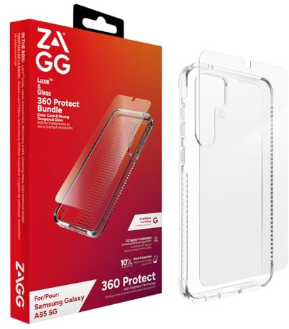 ZAGG Luxe & Glass 360 Graphen verstärkte Hülle und Bildschirmschutz aus gehärtetem Glas für Samsung Galaxy A55 [5G] [6.6-Inch], Kabelloses Laden möglich, stossfeste Abdeckung Rückseite (Transparent)