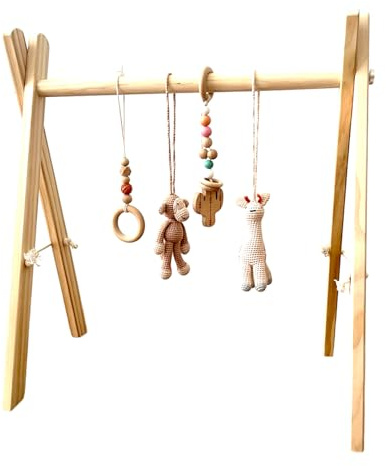 Baby Gym Babygym mit 4 Anhängern Spieltrapez Spielbogen Baby Holz mit Figuren & Kugeln Spielebogen Spieltrapez Mobile Activity Center Holzspielzeug Montessori Spielzeug gehäkelt Afrika Affe Giraffe