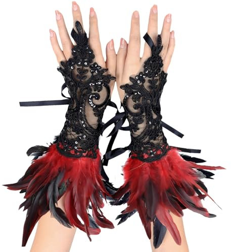 YOUYIKE Spitze Feder Handschuhe, Feder Manschetten, Maleficent Kostüm, Netzhandschuhe Karneval Kostüme, Dekorative Federärmel für Halloween, Cosplay, Gotische Kleiderparty(Rot)
