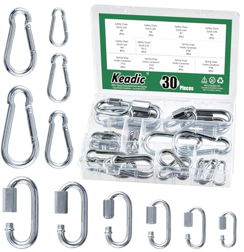 Keadic 30PCS Quick Link Chain Connector Assortment Kits include M3.5 M4 M5 M6 M7 M8 Chain Quick Link 6 Sizes Heavy Duty Spring Snap Hook Safety Quick Links Snap Hooks for Dog leashes Boat Ropes