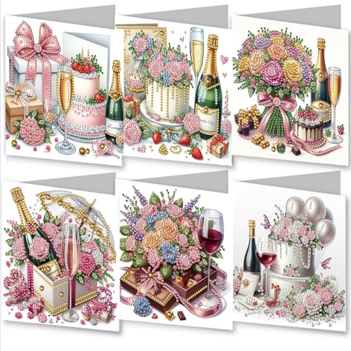 Awesocrafts 6pcs Diamond Art Christmas Cards Kits Flower Cake, DIY Diamond Painting Cards Sets, 5D Diamond Art Cards with Envelopes, Postcards for Handmade, Xmas 30 * 15cm (Flower)