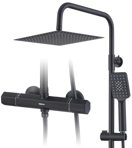 Kelleria Sistema Ducha Moderno con Termostato Negro Mate, Bloqueo de Seguridad 38°C, Juego Completo Grifo de Ducha con Cabezal de Ducha Acero Inoxidable, Ducha de Mano, Barra de Ducha Ajustable
