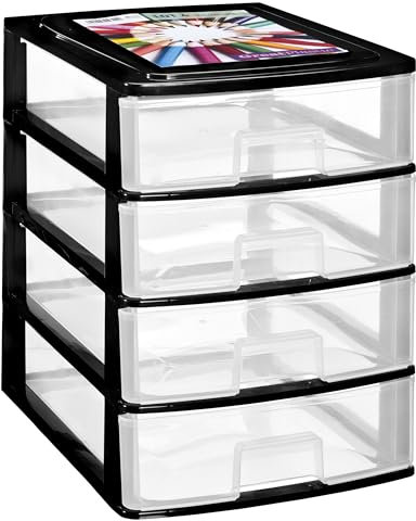 Schubladenbox DIN A4 mit 4 Schubladen 35,5x26,5x35 cm - schwarz-transparent Kunststoff Drawer Tower Box Organizer für Schreibtisch Easy-Pull-System