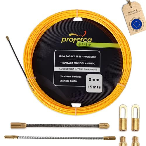 PROFERCA® Guía Pasacables Profesional de 3mm y 15 metros de Poliéster Trenzado con Terminales Intercambiables | Accesorios de repuesto | Guía Electricista | Tubos Estrechos (3mm 15m)
