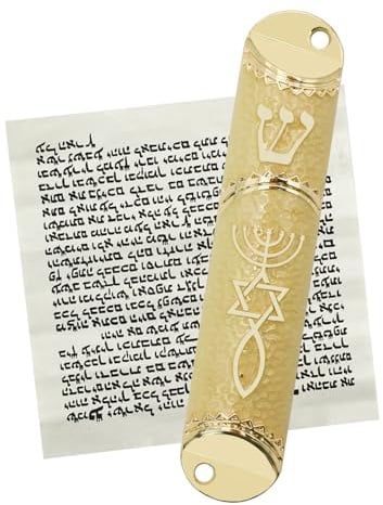 MrMrKura Mezuzah con pergamino para Puerta, Estuche de mezuzah de Metal con Sello mesiánico para bendición del hogar Hebreo, Regalos judíos, decoración de inauguración de casa judía (Dorado)