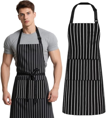 Makoto Nobu 2 Stück Küchenschürze, Kochschürze, Verstellbare Gestreifte Schürze mit 2 Taschen, Maschinenwaschbar, Männer Damen Schürze zum Kochen, Malen, Backen, Hausarbeiten