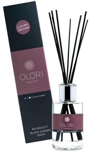 Luxus Raumduft Black Cherry Diffuser mit Stäbchen mit ätherischen Ölen - Extra langanhaltende Formel - Deko Raumerfrischer mit Duftstäbchen - 100% natürlich & rein (200ml, Duft: fruchtig, frisch)