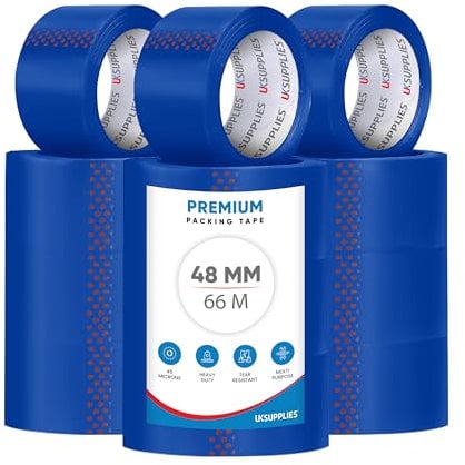 UK SUPPLIES LIMITED 12 Rolls LOW NOISE Premium Blue Packaging Tape (All Packs & Colors) 48MM X 66M Extra Strong Secure Sticky Adhesive Durable Parcel Sealing Tape for Packing Boxes & Moving Houses