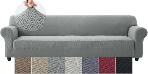 Moonlight Bedding High Stretch Grey Sofa Covers 4 Seater Super Soft Extra Large Couch Covers for Dogs Pets Cats Spandex Elastic Fit T Shaped Non Slip Sofa Cover