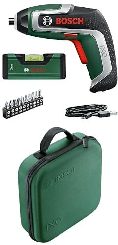 Bosch Cordless Screwdriver IXO Spirit Level Set (7th Generation; 3.6V; 2.0Ah; 5.5Nm; Set Including Mini Spirit Level with Micro USB Cable) + Bosch Storage Case for Tools