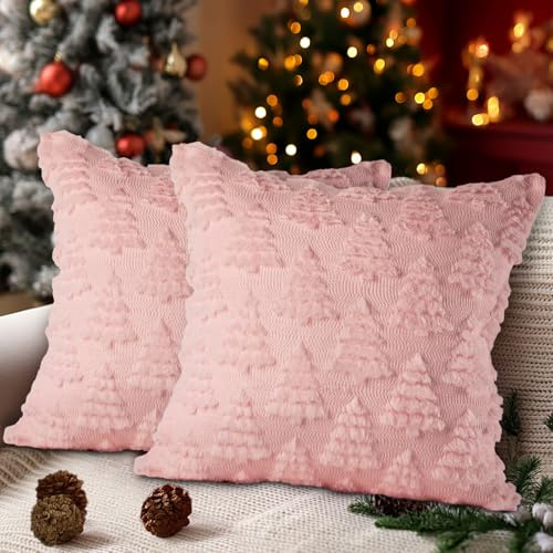Lanpn Housse de Coussin Noël 45x45cm Lot de 2, Arbre de Noël Taies d'oreiller Décoratives Housses de Coussin de canapé en Peluche pour la Décoration de Salon Chambre Chaise Canapé Lit (Style A, Rose)