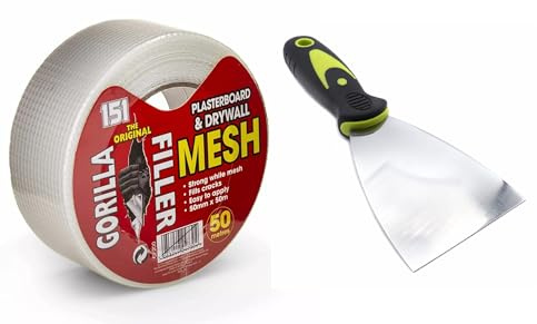 SELF-ADHESIVE FIBERGLASS MESH TAPE 50m & FILING SCRAPER KIT - Strong Durable Drywall & Plasterboard Joint Repair Mesh Tape for Cracks Walls Ceilings & Corners | Easy Apply for Smooth Seamless Finish
