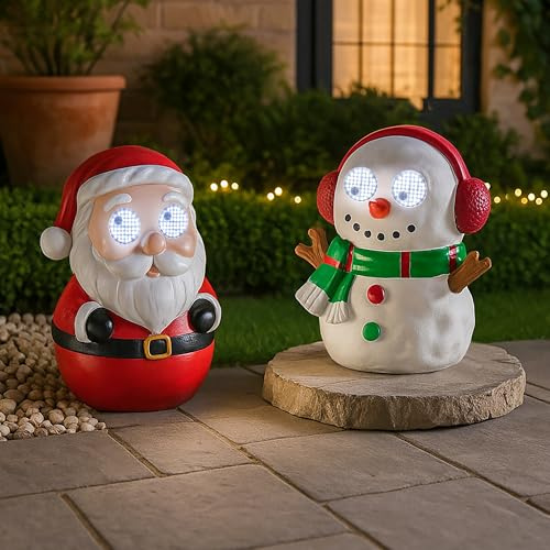 Garden Mile 2 Pack Blinking Santa & Snowman Christmas Outdoor Decorations | 25cm Light Up Festive Garden Figures with Cool White LEDs, Waterproof Polyresin Xmas Decorations for Porch, Pathway & Doorway
