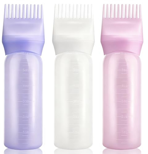 Ainkou 3 PCS 170ml Root Comb Applicator Bottles with Graduated Scale, Soft Pliable Hair Oil Applicators Dye Brush Applicator Bottle for Hair Oiling Applying Massaging Coloring (3 Colors)