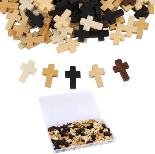 Fukaisu 200stk Mini Holzkreuze, 5 Farben Natürliches Kleines Taschen Kreuz für Basteln Winzige Holz Anhänger für Religiöse Christliches Geschenk Osterei Füllungen DIY Schmuck Herstellung