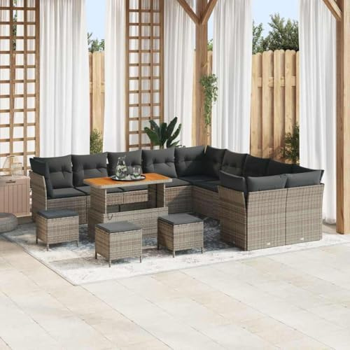 Hoopleep Gartensofa-Set Grau aus Poly-Rattan, 14-teilig, modular, mit Kissen, höhenverstellbarem Tisch, UV-beständig, für Terrasse, Balkon, Außenbereich