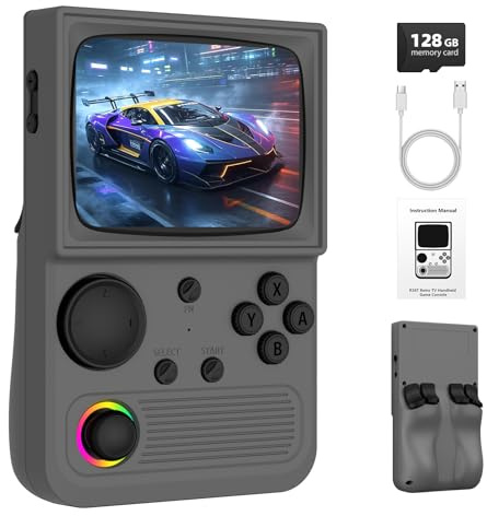 R36T Retro Games Console, Handheld Games Consoles with 128GB 22000+ Classic Games, EmuELEC System & Multiple Emulators, 3.5 IPS CRT Screen, 3500mAh Battery, with Portable Case for Adult, Grey