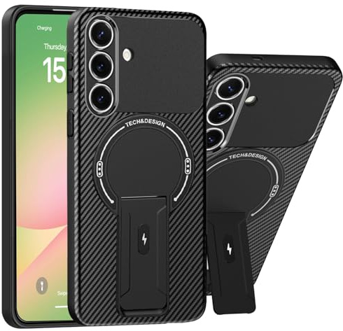 Migexxkj Handyhülle für Samsung Galaxy A56 Hülle für Mag-Safe Magnetisch mit Ständer, Kohlenstofffaser Rutschfester Textur Hard PC Rugged Stoßfest Schutzhülle für Samsung A56 Case Cover (Schwarz)