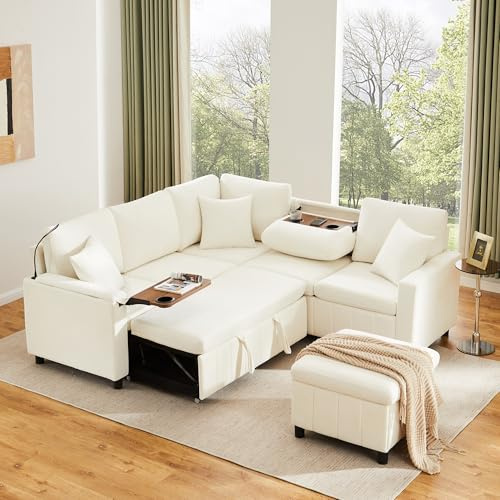 Merax Sofa Ecksofa mit Schlaffunktion - Multifunktionales Schlafsofa mit Hocker und Stauraum, Ausklappbarer Couchtisch, Verstecktem Tisch, USB+Type-C - Ausziehbares Schlafcouch aus Chenille, Beige