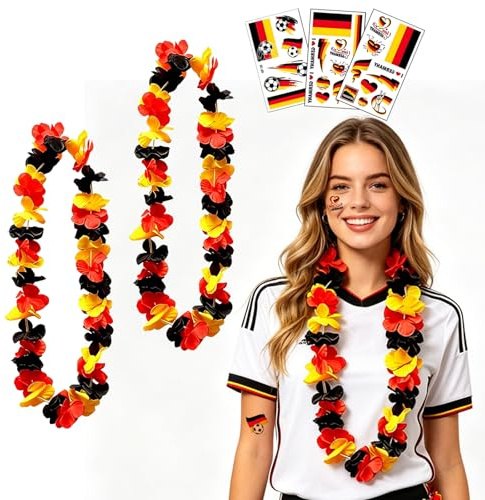 Maoioam Deutschland Fanartikel WM 2026 Set Mit 2 Girlanden Blumenkette, 3 Deutschland Tattoos, Schwarz-Rot-Gold, 1 Meter, Für Public Viewing Stadionbesuche Fußball Party Nationalmannschaft