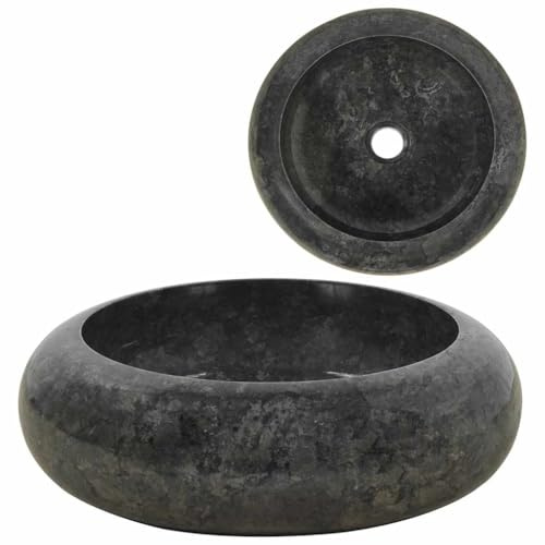 Makastle Vasque à Poser Marbre Noir Ronde, Lavabo Salle de Bain, 40 x 12 cm, Style Moderne