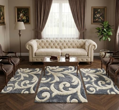 TexLom Tris Tappeti Scendiletto Camera da Letto, Parure 3 Pezzi in Velluto Frisè Antiscivolo, Design Floreale, Morbidi e Lavabili, Set Tappeti Decorativi per Camera (Grigio)