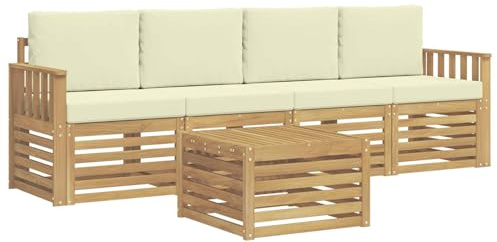 vidaXL Outdoor-Sofagarnitur mit Kissen 5 pcs Weiß und Creme Polyester, Garten Lounge-Sofa, strapazierfähige Außensitzgruppe, modernes Terrassenmöbel, bequemer Wohnbereich