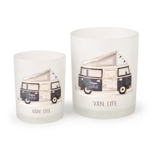 Windlicht Van Life 2er Set, Glas Windlichter mit Camper-Motiv, Ø 7 cm & Ø 9 cm, Matte Teelichthalter aus lackiertem Glas, dekorative Tischdeko für Wohnzimmer, Esszimmer & Balkon