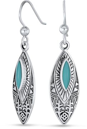 Boho Native American Style Blue Turquoise Marquise Shaped Gemstone Leaf Feather Dangle Earrings Western Jewelry For Women Teens Lever back Oxidized .925 Sterling Silver