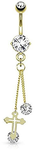 beyoutifulthings Bauch-nabelpiercing GOLDENES Kreuz 14 Karat vergoldet Anhänger 1,6mm 10mm Nabel-Piercing Chirurgenstahl Bananabell Zirkonia