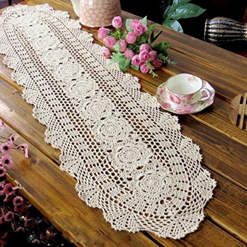 Laivigo Handmade Crochet Lace Oval Lucky Flower Tablecloth Table Runner Doilies Doily,12 x 35 Inch,Beige