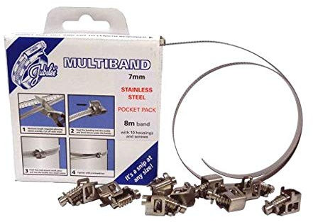 Jubilee® Multiband, 7 mm breit, 8 m lang, mit 10 Gehäuse und Schrauben, Edelstahl, Taschenpackung