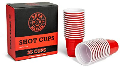 BEERBALLER® Shot Red Cups - 25 gobelets à Shot Rouges | 4cl | Verres à Shot rétro américains | réutilisables & résistants au Lave-Vaisselle | Verres à Shot en Plastique Rouge pour Shot Pong