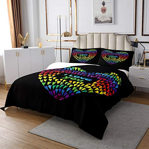 Juego de edredón con Corazones de arcoíris y Colores Brillantes, niñas, Pareja, románticos, Corazones de neón, Acolchado, de habitación Doble, 3 Unidades